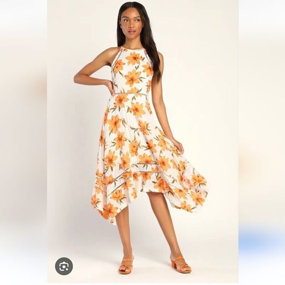 Lulu's Zahara White and Orange Floral Print Midi Dress Size Large - Picture 4 of 11